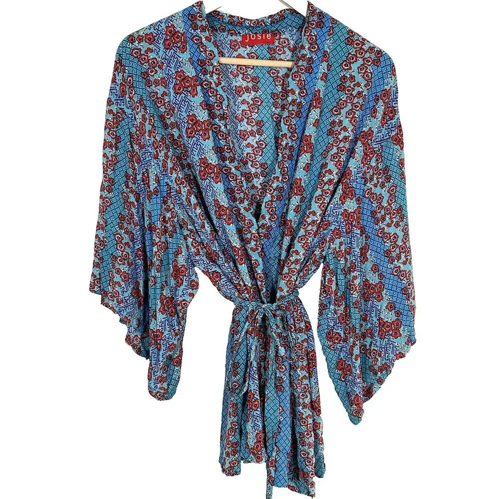 Josie Natori Kimono Robe Jacket Size Large Rayon Blue Floral Print Boho Hippie - Picture 2 of 11